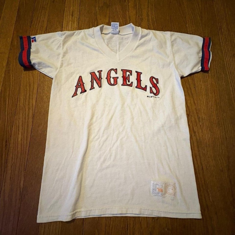 VTG 1994 Russell Athletic Angels T-Shirt V-Neck Ringer Jersey Youth‎ L Made USA